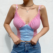 Fashion Women Color Splicing Slip Elastic Camisole Ladies Summer Casual V-neck Mesh Slim Crop Tops Vest S-L