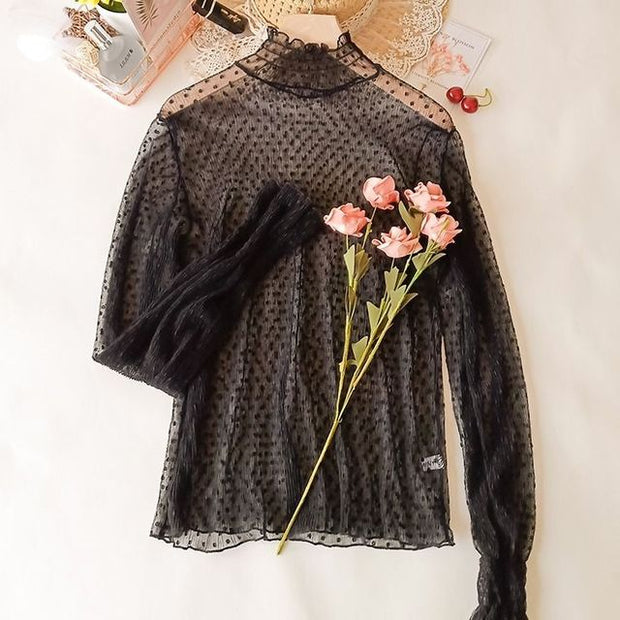 New Transparent Korean Loose Women Lace Blouse 3 Colors Female Bottoming Blouses S-3XL Size Cheaper Tops Kawaii T Shirt