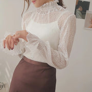 New Transparent Korean Loose Women Lace Blouse 3 Colors Female Bottoming Blouses S-3XL Size Cheaper Tops Kawaii T Shirt
