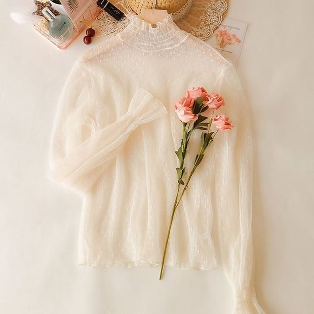 New Transparent Korean Loose Women Lace Blouse 3 Colors Female Bottoming Blouses S-3XL Size Cheaper Tops Kawaii T Shirt