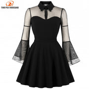 S-4XL Big Size Women Gothic Sexy Mini Dress Autumn Black Mesh Patchwork See-Through Flare Sleeve Draped Elegant Party Dress