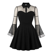 S-4XL Big Size Women Gothic Sexy Mini Dress Autumn Black Mesh Patchwork See-Through Flare Sleeve Draped Elegant Party Dress