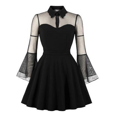 S-4XL Big Size Women Gothic Sexy Mini Dress Autumn Black Mesh Patchwork See-Through Flare Sleeve Draped Elegant Party Dress