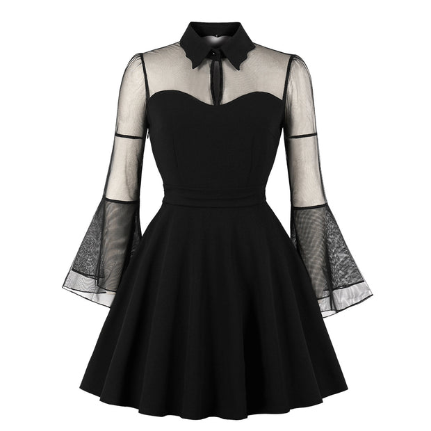 S-4XL Big Size Women Gothic Sexy Mini Dress Autumn Black Mesh Patchwork See-Through Flare Sleeve Draped Elegant Party Dress