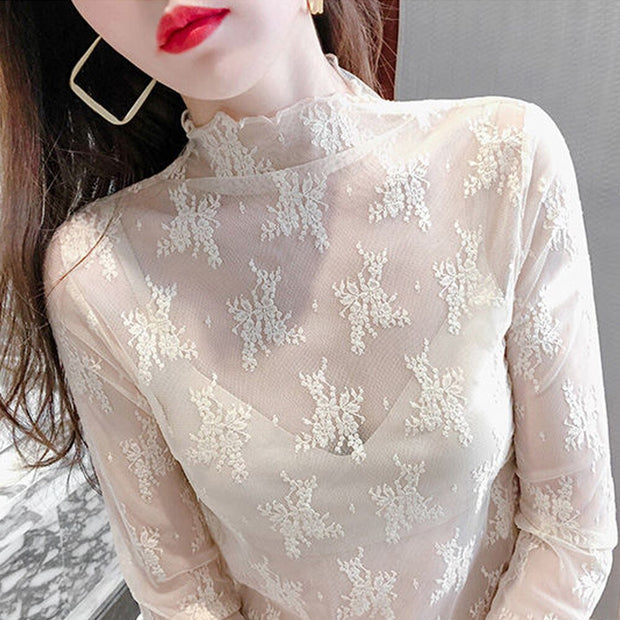New Transparent Korean Loose Women Lace Blouse 3 Colors Female Bottoming Blouses S-3XL Size Cheaper Tops Kawaii T Shirt