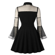 S-4XL Big Size Women Gothic Sexy Mini Dress Autumn Black Mesh Patchwork See-Through Flare Sleeve Draped Elegant Party Dress