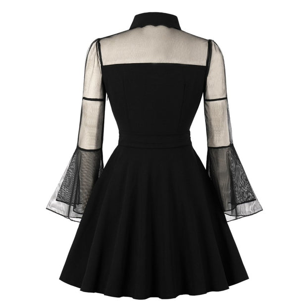S-4XL Big Size Women Gothic Sexy Mini Dress Autumn Black Mesh Patchwork See-Through Flare Sleeve Draped Elegant Party Dress
