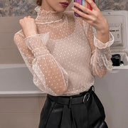 New Transparent Korean Loose Women Lace Blouse 3 Colors Female Bottoming Blouses S-3XL Size Cheaper Tops Kawaii T Shirt